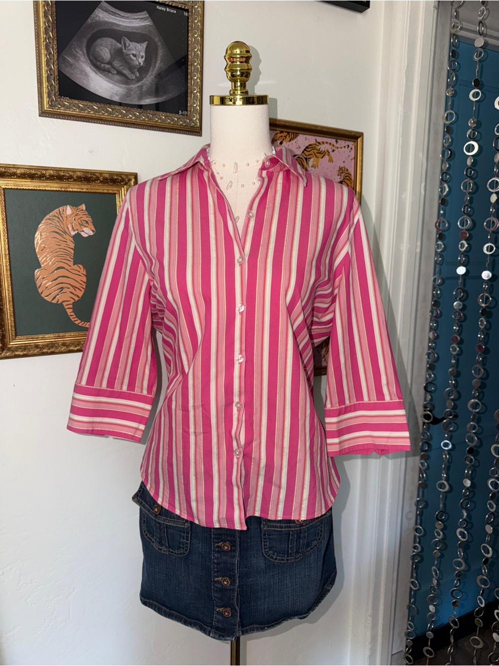 Vintage Y2K George Pink and White Striped Button-Down Shirt